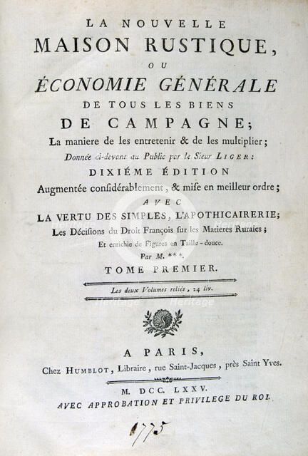Title page to La Nouvelle Maison Rustique, ou Economie Générale, 1775. Artist: Unknown