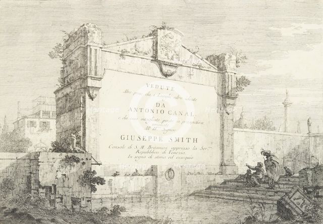Title page with a large wall of a classical ruin, with a figure seated at right pointin..., 1735-46. Creator: Canaletto.