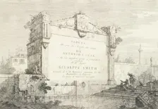 Title page with a large wall of a classical ruin, with a figure seated at right pointin..., 1735-46. Creator: Canaletto