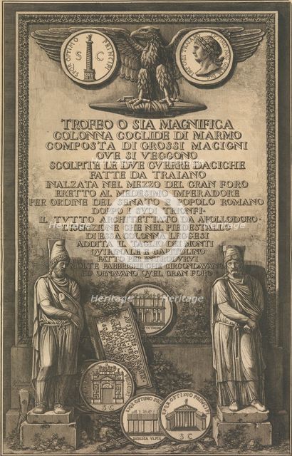 Title page with eagle, coin showing image of Trajan's Column, classical sculptures, 1774-79. Creator: Giovanni Battista Piranesi.