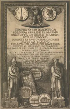 Title page with eagle, coin showing image of Trajan's Column, classical sculptures, 1774-79. Creator: Giovanni Battista Piranesi