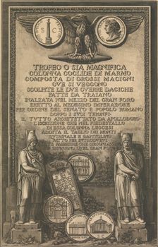 Title page with eagle, coin showing image of Trajan's Column, classical sculptures, 1774-79. Creator: Giovanni Battista Piranesi