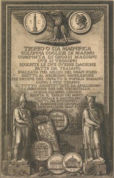 Title page with eagle, coin showing image of Trajan's Column, classical sculptures, 1774-79. Creator: Giovanni Battista Piranesi