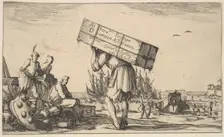 Title page: a man carrying a case on his back in center, three men looking towards him on ..., 1639. Creator: Stefano della Bella