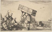 Title page: a man carrying a case on his back in center, three men looking towards him on ..., 1639. Creator: Stefano della Bella