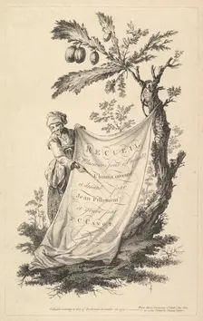 Title page: a smiling man holds a corner of a cloth tied to a fig tree and points with a s..., 1759. Creator: Pierre-Charles Canot