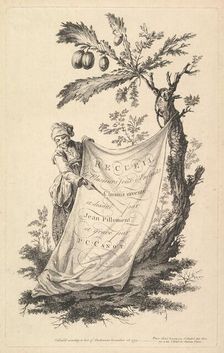 Title page: a smiling man holds a corner of a cloth tied to a fig tree and points with a s..., 1759. Creator: Pierre-Charles Canot