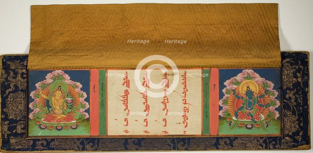 Title Page and Front Cover of a Buddhist Manuscript with Manjusri (left) and..., 17th/18th century. Creator: Unknown.