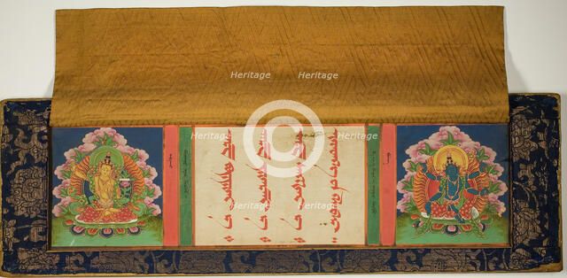 Title Page and Front Cover of a Buddhist Manuscript with Manjusri (left) and..., 17th/18th century. Creator: Unknown.