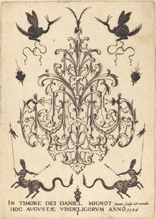 Title-Page: Brooch, Snail-like Animals Above, Centaurs with Banners at Bottom, 1596. Creator: Daniel Mignot