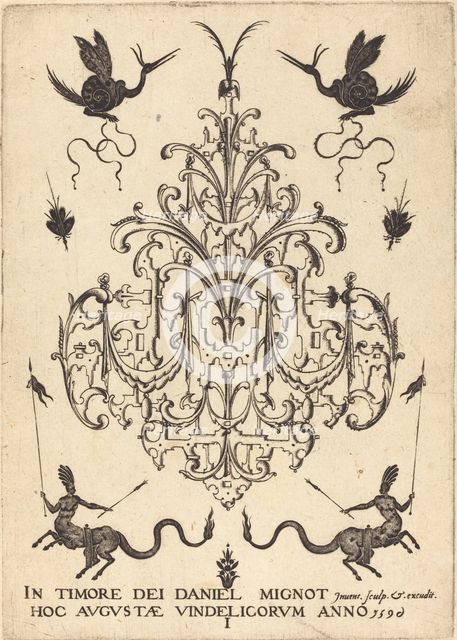 Title-Page: Brooch, Snail-like Animals Above, Centaurs with Banners at Bottom, 1596. Creator: Daniel Mignot.