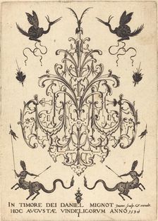 Title-Page: Brooch, Snail-like Animals Above, Centaurs with Banners at Bottom, 1596. Creator: Daniel Mignot