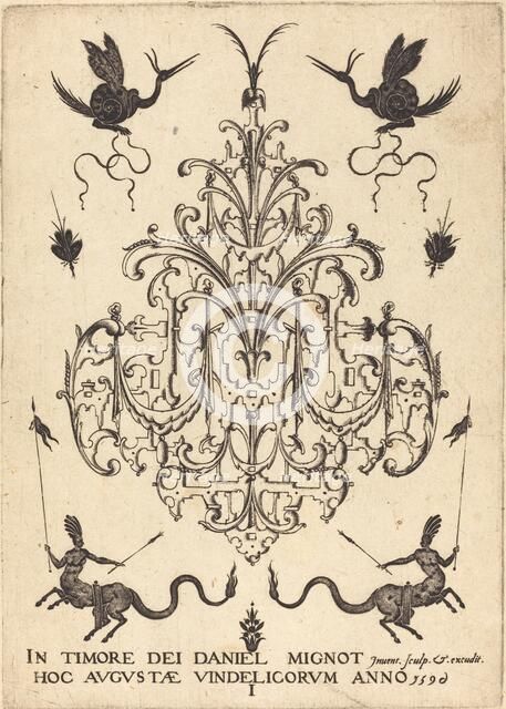 Title-Page: Brooch, Snail-like Animals Above, Centaurs with Banners at Bottom, 1596. Creator: Daniel Mignot.