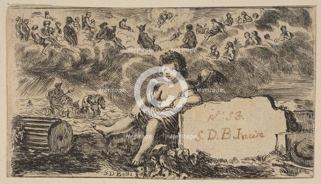 Title page: Cupid, from 'Game of Mythology' (Jeu de la Mythologie), 1644. Creator: Stefano della Bella.