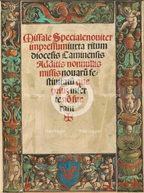 Title Page for a Missal, with Satyr and Putti Border [verso], c. 1511. Creator: Urs Graf.