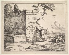 Title page for "Diverses vaches et boeufs" after Paulus Potter. Creator: Marcus de Bye