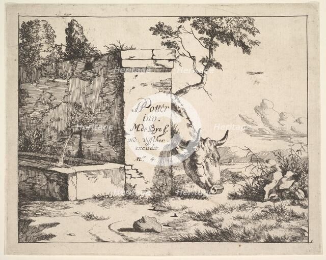Title page for "Diverses vaches et boeufs" after Paulus Potter. Creator: Marcus de Bye.