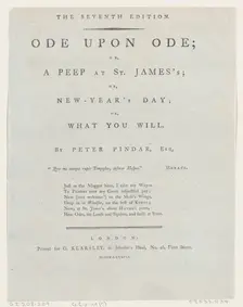 Title Page, from Ode Upon Ode by Peter Pindar, 1787. Creator: George Kearsley