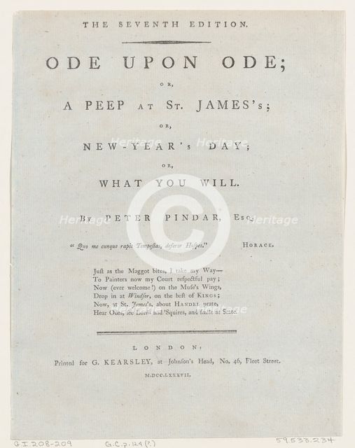 Title Page, from Ode Upon Ode by Peter Pindar, 1787. Creator: George Kearsley.