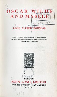 Title page from "Oscar Wilde and Myself", 1914. Creator: Unknown