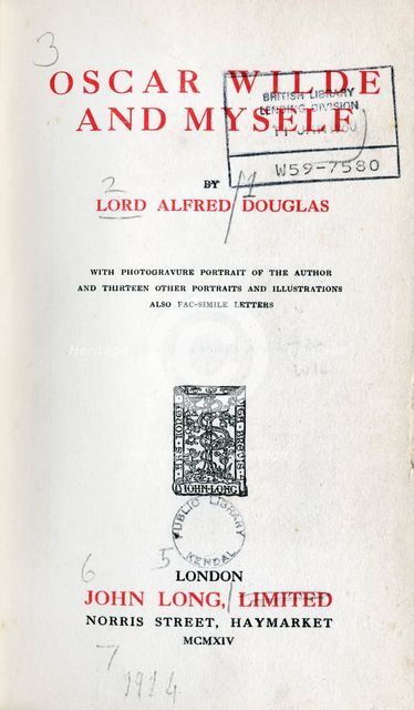 Title page from "Oscar Wilde and Myself", 1914. Creator: Unknown.