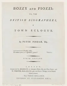 Title Page, from Bozzy and Piozzi by Peter Pindar, Esq., 1787. Creator: George Kearsley