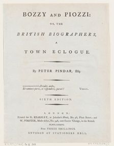Title Page, from Bozzy and Piozzi by Peter Pindar, Esq., 1787. Creator: George Kearsley