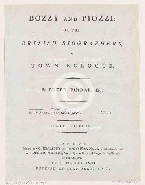 Title Page, from Bozzy and Piozzi by Peter Pindar, Esq., 1787. Creator: George Kearsley.