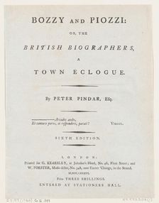 Title Page, from Bozzy and Piozzi by Peter Pindar, Esq., 1787. Creator: George Kearsley