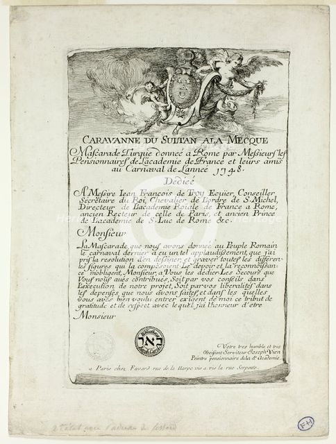 Title Page, from Caravanne du Sultan à la Mecque, 1748. Creator: Joseph-Marie Vien the Elder.