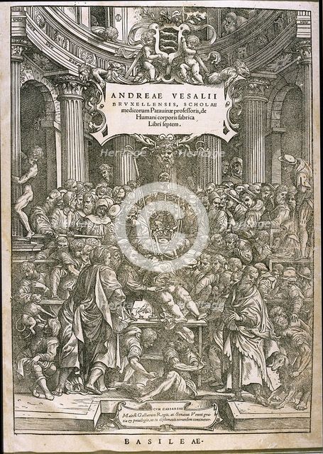 Title page from De humani corporis fabrica by Andreas Vesalius, ca 1543.