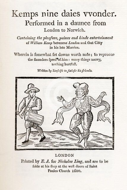 Title page from "Kemps nine daies wonder", 1600, (1884).  Creator: Unknown.