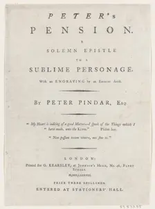 Title page, from Peter's Pension by Peter Pindar, Esq., 1787. Creator: George Kearsley