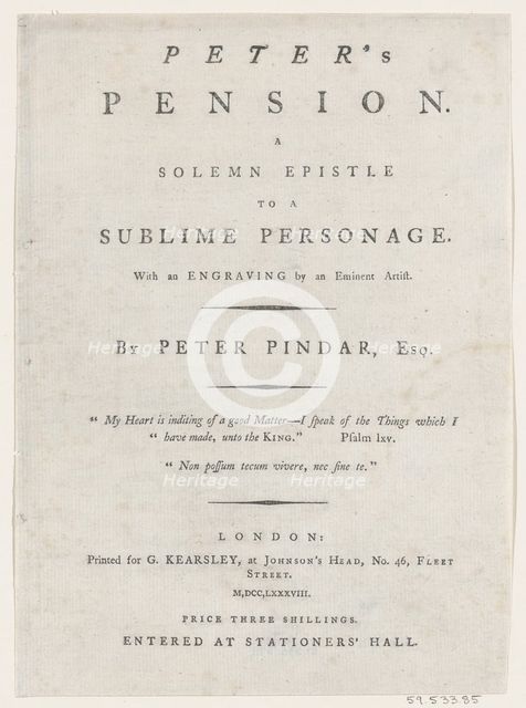 Title page, from Peter's Pension by Peter Pindar, Esq., 1787. Creator: George Kearsley.