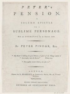 Title page, from Peter's Pension by Peter Pindar, Esq., 1787. Creator: George Kearsley