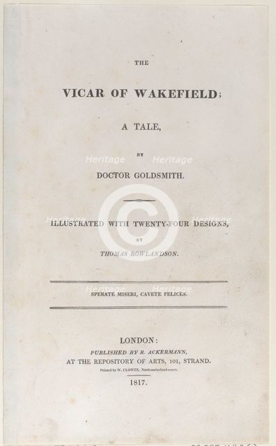 Title page, from "The Vicar of Wakefield", 1817., 1817. Creator: Thomas Rowlandson.