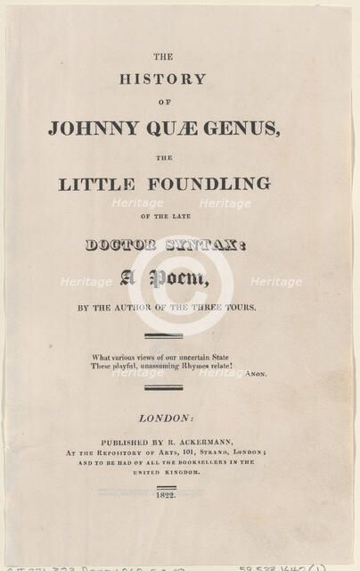 Title page, from "The History of Johnny Quae Genus, The Little Foundling of the Late Docto..., 1822. Creator: Thomas Rowlandson.