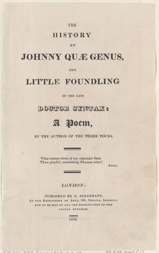 Title page, from "The History of Johnny Quae Genus, The Little Foundling of the Late Docto..., 1822. Creator: Thomas Rowlandson