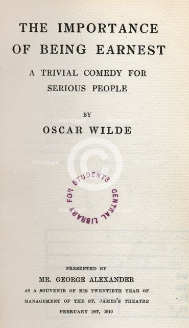 Title page from 'The Importance of Being Earnest', 1910.  Creator: Unknown.