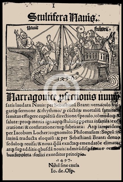 Title page of the book "Ship of Fools" by Sebastian Brant, 1497. Creator: Anonymous.