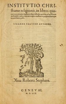 Title page of the fourth edition of the Institutio Christianae Religionis by John Calvin, 1559. Creator: Historic Object