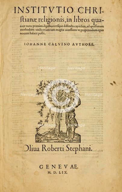 Title page of the fourth edition of the Institutio Christianae Religionis by John Calvin, 1559. Creator: Historic Object.