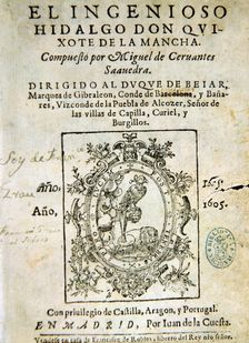 Title page of the first edition of the book Don Quixote de la Mancha Madrid, Juan de la Cuesta…