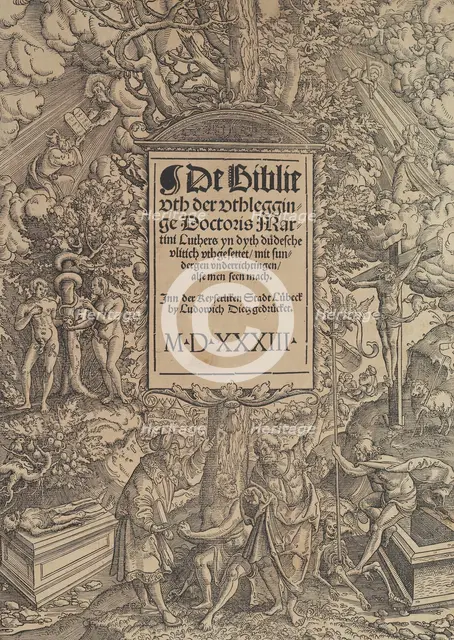 Title page of the Lübeck Bible, 1533-1534. Creator: Erhard Altdorfer.