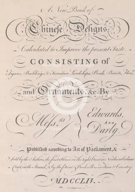 Title page of 'A New Book of Chinese Designs', 1754. Creator: Matthew Darly.