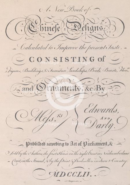 Title page of 'A New Book of Chinese Designs', 1754. Creator: Matthew Darly.