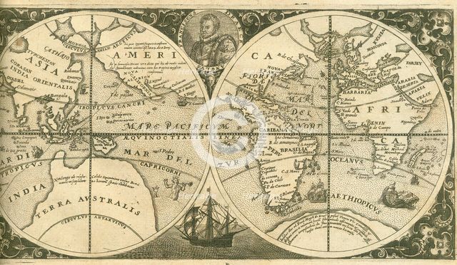 Title page of Americae Pars VIII (with a portrait of Francis Drake and his ship, the Golden Hind), 1 Artist: Bry, Theodor de (1528-1598)