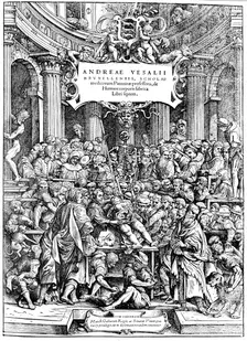 Title page of Andreas Vesalius De Humani Corporis Fabrica showing Vesalius dissecting body, 1543. Artist: Andreas Vesalius
