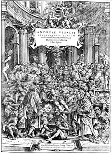 Title page of Andreas Vesalius De Humani Corporis Fabrica showing Vesalius dissecting body, 1543. Artist: Andreas Vesalius