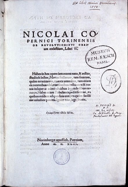 Title page of Copernicus' De revolutionibus orbium coelestium, 1543. Artist: Unknown